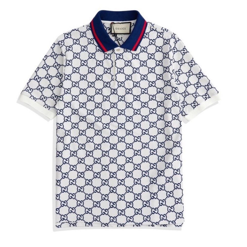 Gucci Men's Polo with Navy and White Pattern